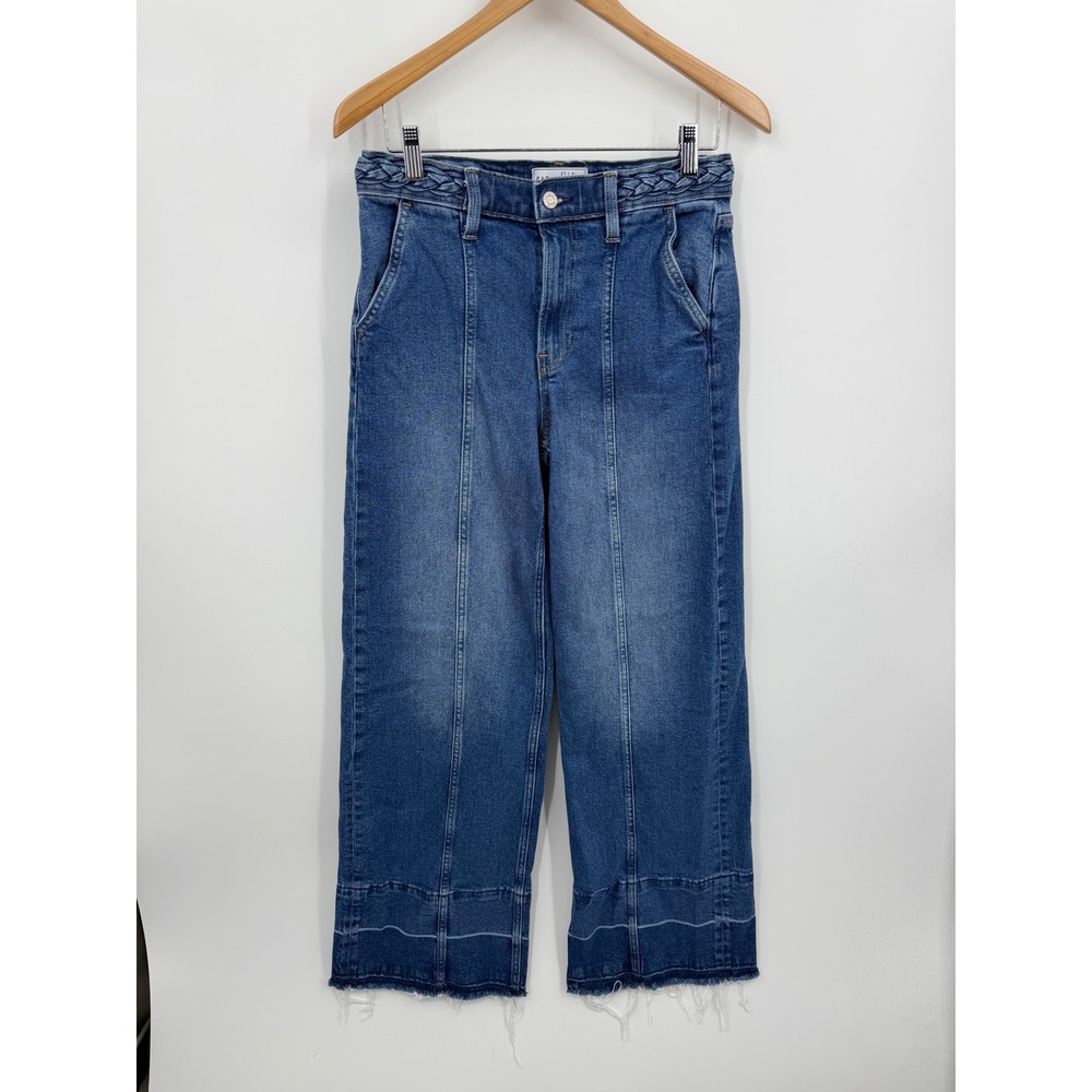 Gap High Stride Wide Leg Jeans sz 27 4L Blue Braided Waist Raw Hem Seam Front